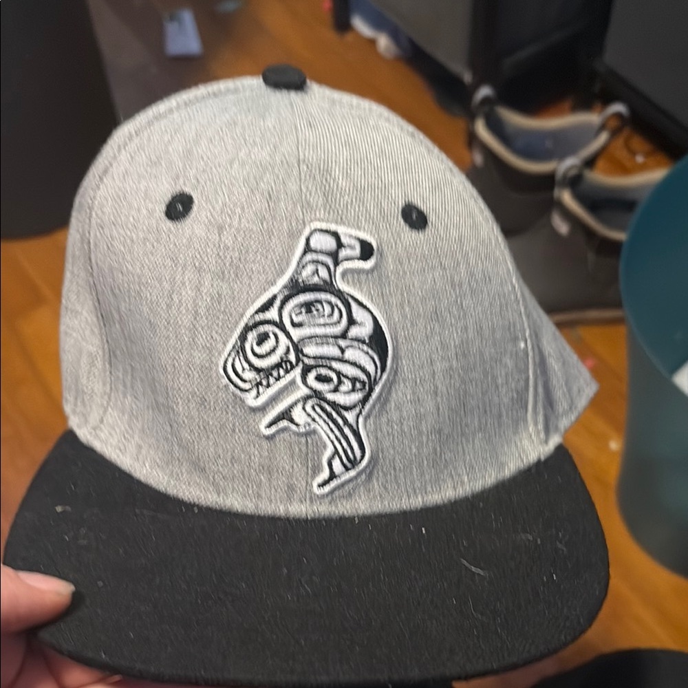 Gray and Black Cap with Embroidered Tlingit Whale Design